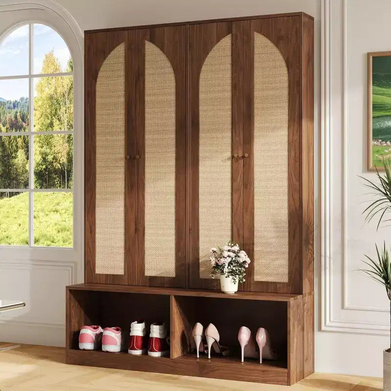 Whisen Farmhouse Widen Hall Tree with 4 Rattan Doors, 4-In-1 Seating Bench with 6 Hooks & Adjustable Shelf
