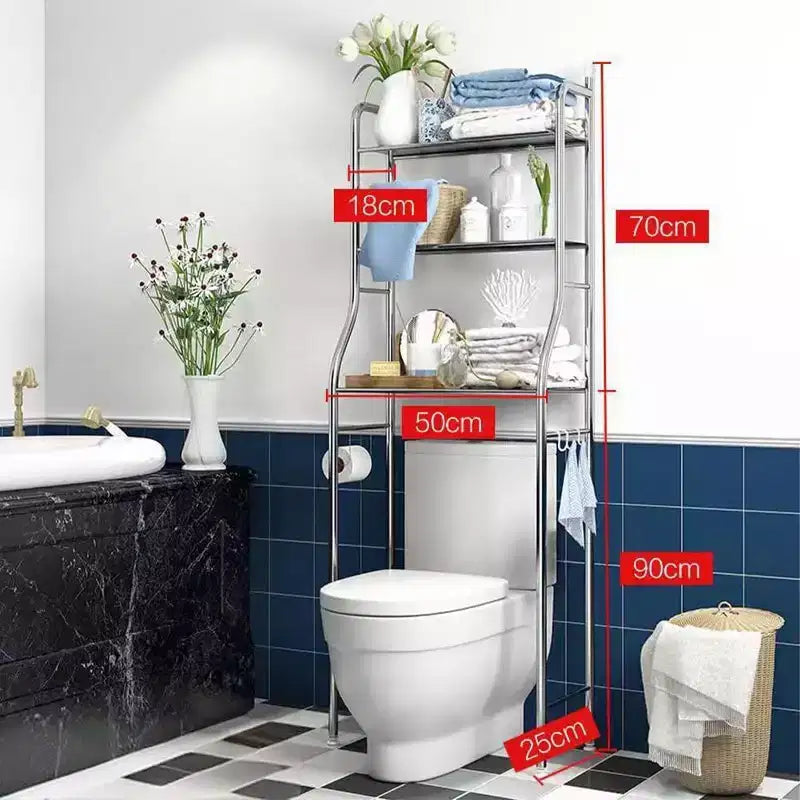 2-Tier Floor-Standing Over Toilet Storage Cabinet, Metal Bathroom Organizer with Removable Towel Hooks and Toilet Paper Holder