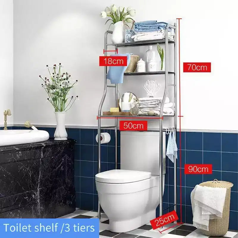 2-Tier Floor-Standing Over Toilet Storage Cabinet, Metal Bathroom Organizer with Removable Towel Hooks and Toilet Paper Holder