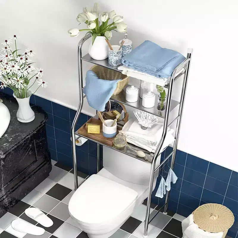 2-Tier Floor-Standing Over Toilet Storage Cabinet, Metal Bathroom Organizer with Removable Towel Hooks and Toilet Paper Holder