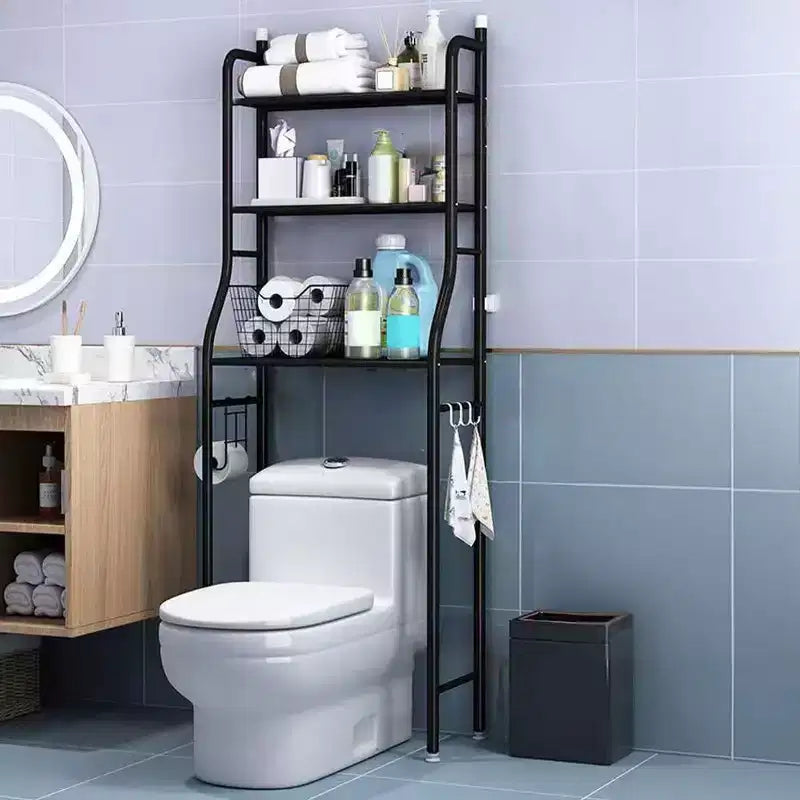 2-Tier Floor-Standing Over Toilet Storage Cabinet, Metal Bathroom Organizer with Removable Towel Hooks and Toilet Paper Holder