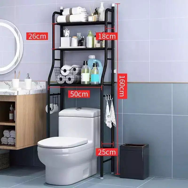 2-Tier Floor-Standing Over Toilet Storage Cabinet, Metal Bathroom Organizer with Removable Towel Hooks and Toilet Paper Holder