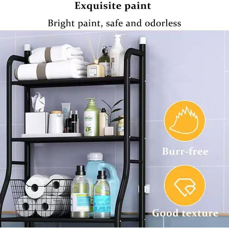 2-Tier Floor-Standing Over Toilet Storage Cabinet, Metal Bathroom Organizer with Removable Towel Hooks and Toilet Paper Holder