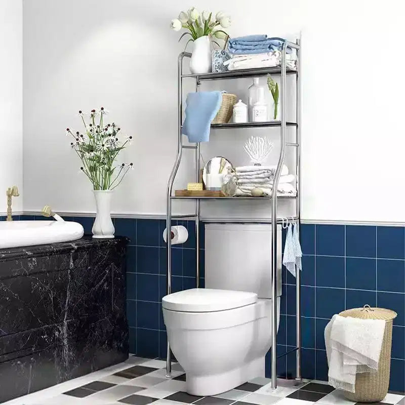 2-Tier Floor-Standing Over Toilet Storage Cabinet, Metal Bathroom Organizer with Removable Towel Hooks and Toilet Paper Holder