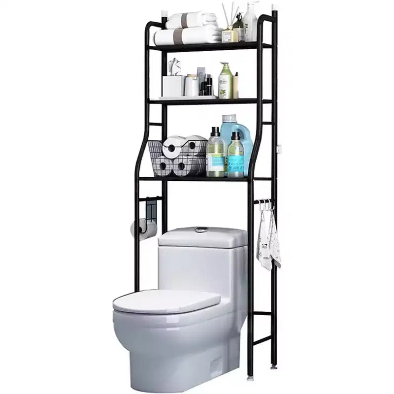 2-Tier Floor-Standing Over Toilet Storage Cabinet, Metal Bathroom Organizer with Removable Towel Hooks and Toilet Paper Holder