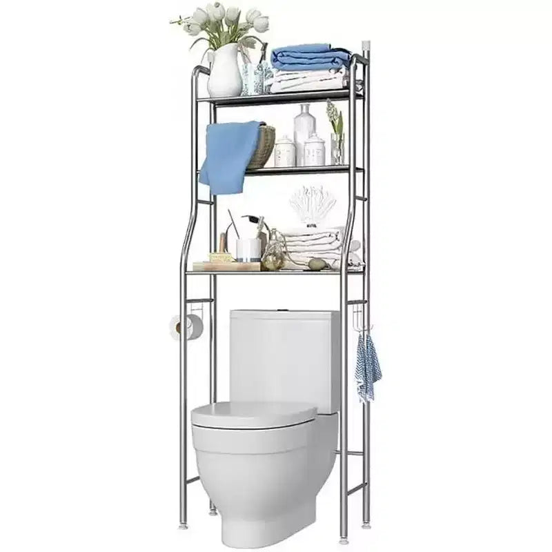 2-Tier Floor-Standing Over Toilet Storage Cabinet, Metal Bathroom Organizer with Removable Towel Hooks and Toilet Paper Holder