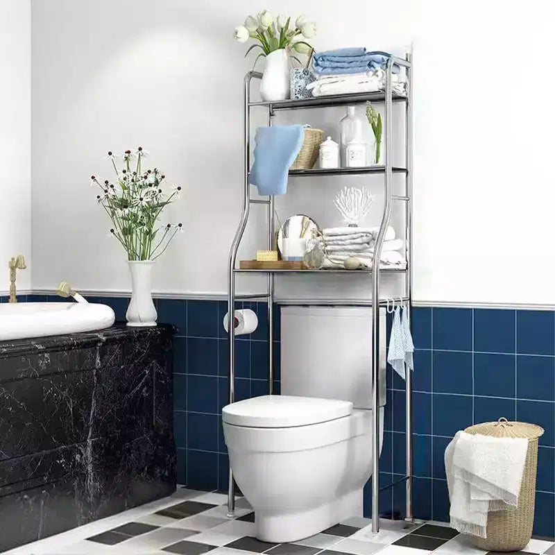 2-Tier Floor-Standing Over Toilet Storage Cabinet, Metal Bathroom Organizer with Removable Towel Hooks and Toilet Paper Holder