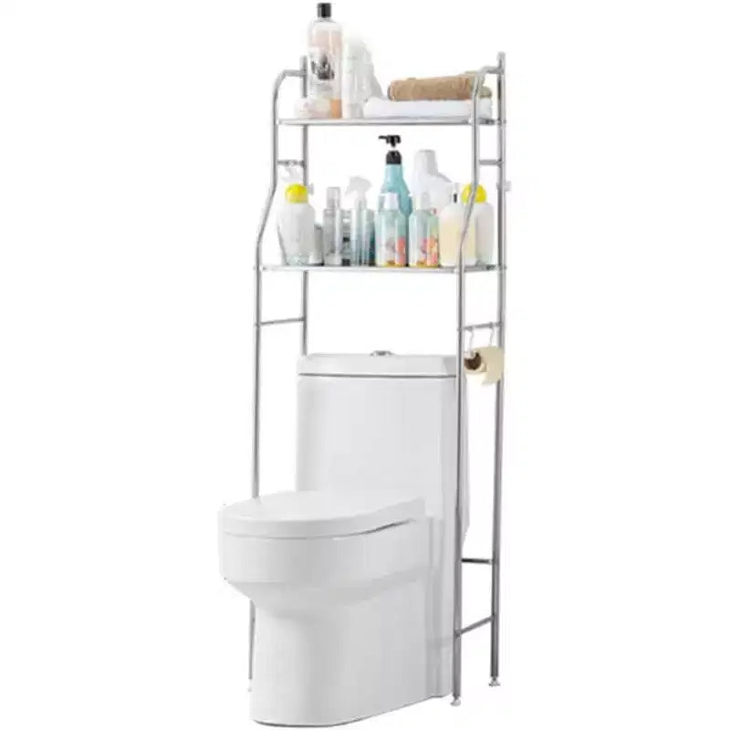 2-Tier Floor-Standing Over Toilet Storage Cabinet, Metal Bathroom Organizer with Removable Towel Hooks and Toilet Paper Holder