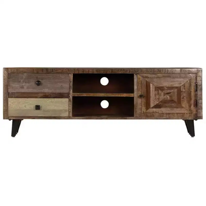 vidaXL Solid Wood Mango TV Cabinet with Drawers and Compartment - Rustic, Industrial, Handmade Finish, Brown
