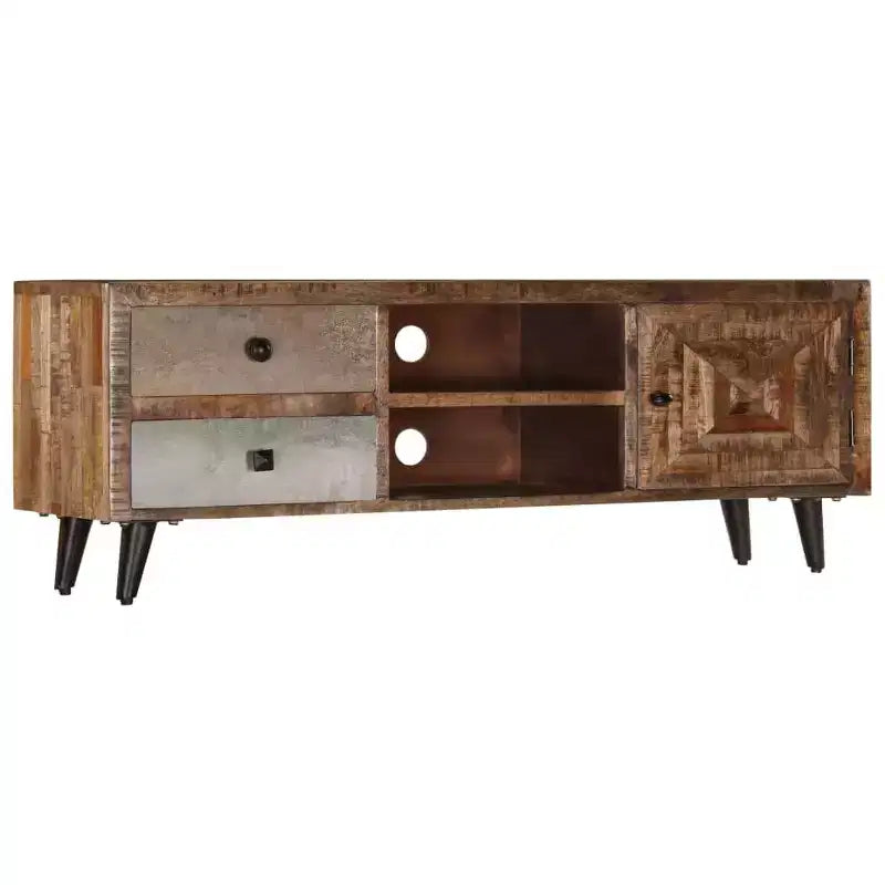vidaXL Solid Wood Mango TV Cabinet with Drawers and Compartment - Rustic, Industrial, Handmade Finish, Brown