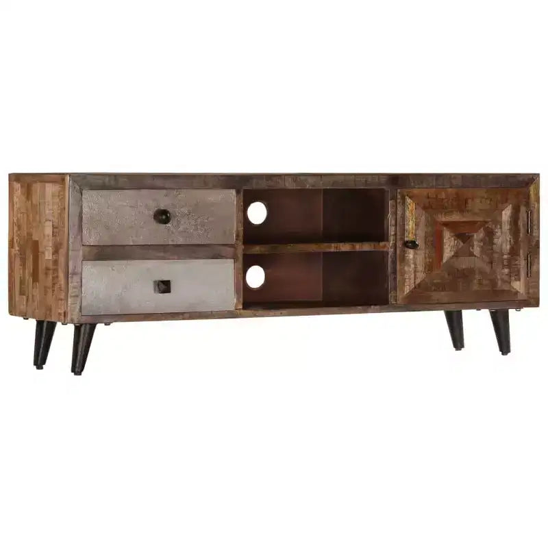 vidaXL Solid Wood Mango TV Cabinet with Drawers and Compartment - Rustic, Industrial, Handmade Finish, Brown