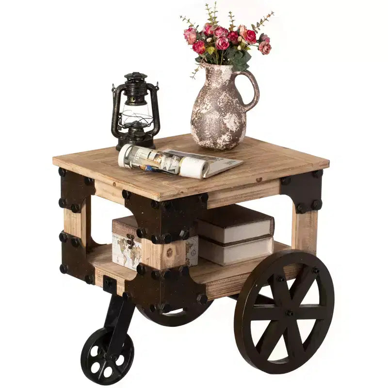 Vintiquewise Farmhouse Wagon-Style End Table with Storage Shelf & Rolling Wheels Vintage Wood Accent Table for Living Room Bedroom or Entryway