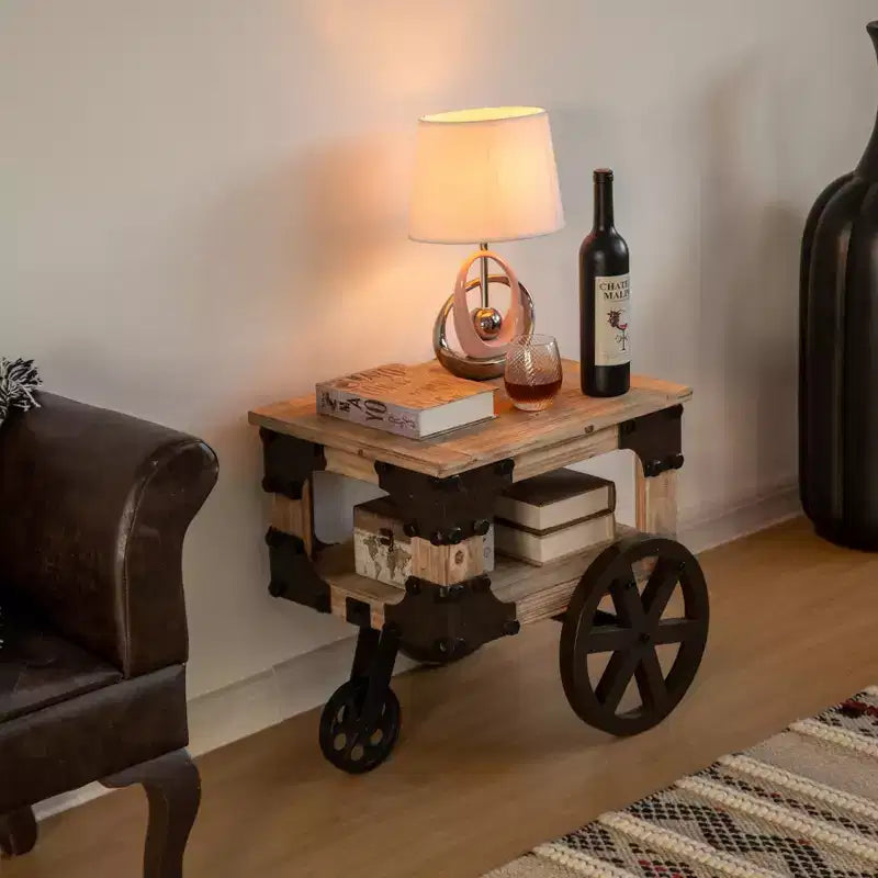 Vintiquewise Farmhouse Wagon-Style End Table with Storage Shelf & Rolling Wheels Vintage Wood Accent Table for Living Room Bedroom or Entryway