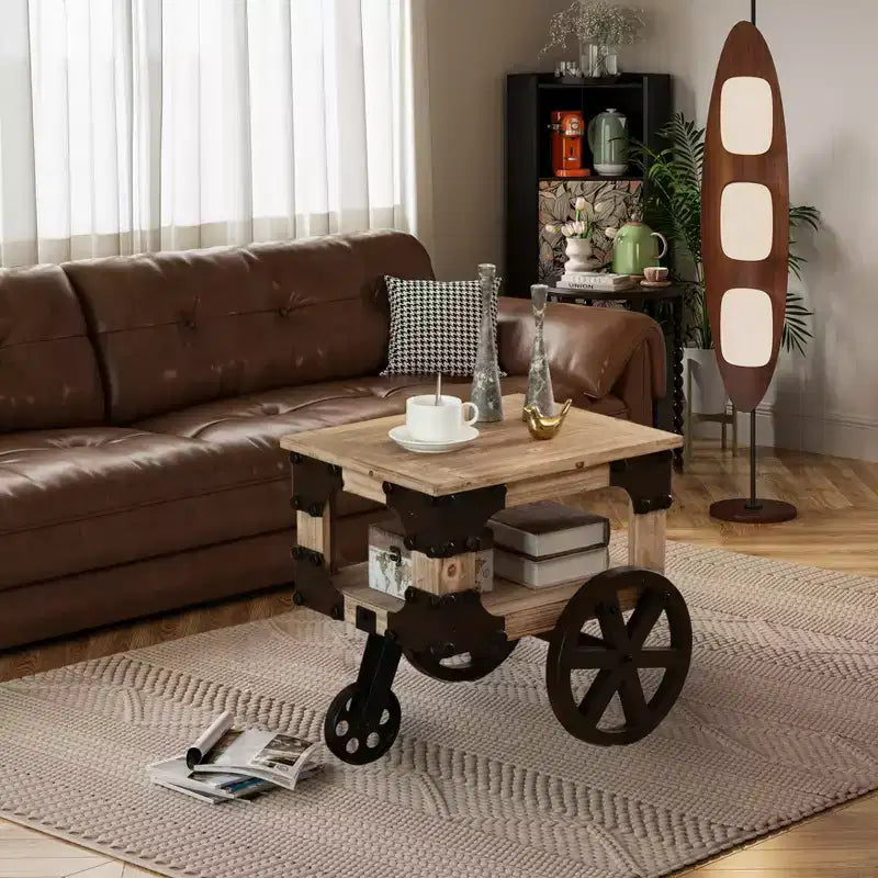 Vintiquewise Farmhouse Wagon-Style End Table with Storage Shelf & Rolling Wheels Vintage Wood Accent Table for Living Room Bedroom or Entryway