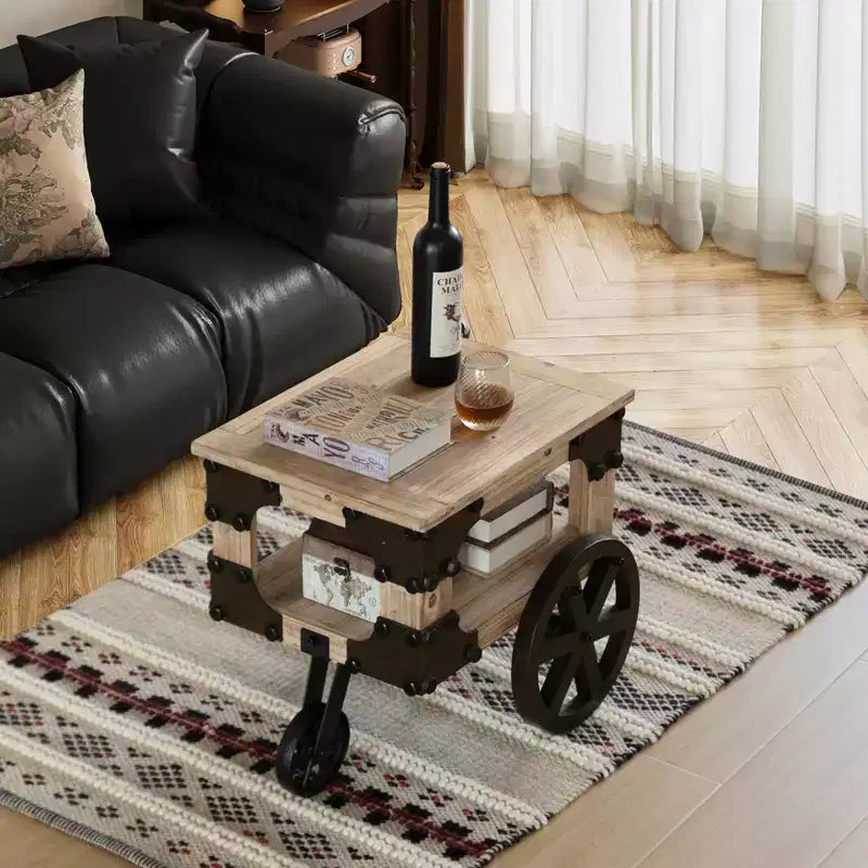 Vintiquewise Farmhouse Wagon-Style End Table with Storage Shelf & Rolling Wheels Vintage Wood Accent Table for Living Room Bedroom or Entryway