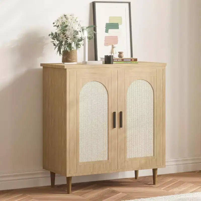 Rattan Buffet Cabinet with Storage, Boho Sideboard Cabinet Featuring 2 Doors and Adjustable Shelves, Wooden Cupboard for Kitchen