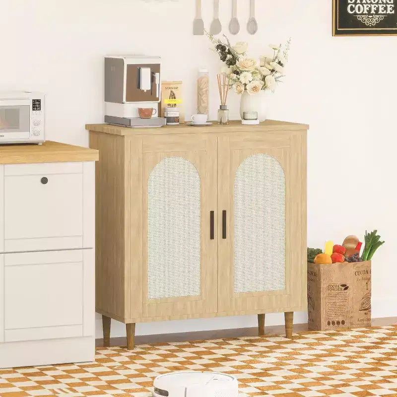 Rattan Buffet Cabinet with Storage, Boho Sideboard Cabinet Featuring 2 Doors and Adjustable Shelves, Wooden Cupboard for Kitchen