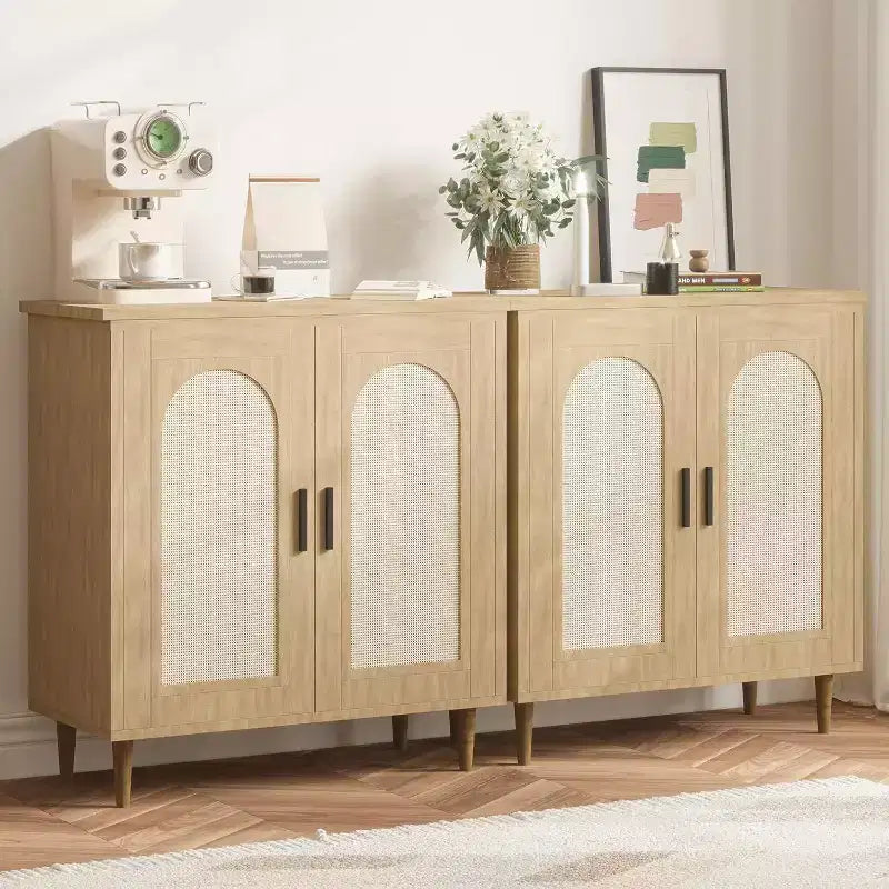 Rattan Buffet Cabinet with Storage, Boho Sideboard Cabinet Featuring 2 Doors and Adjustable Shelves, Wooden Cupboard for Kitchen