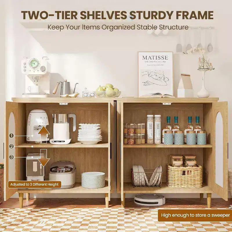Rattan Buffet Cabinet with Storage, Boho Sideboard Cabinet Featuring 2 Doors and Adjustable Shelves, Wooden Cupboard for Kitchen