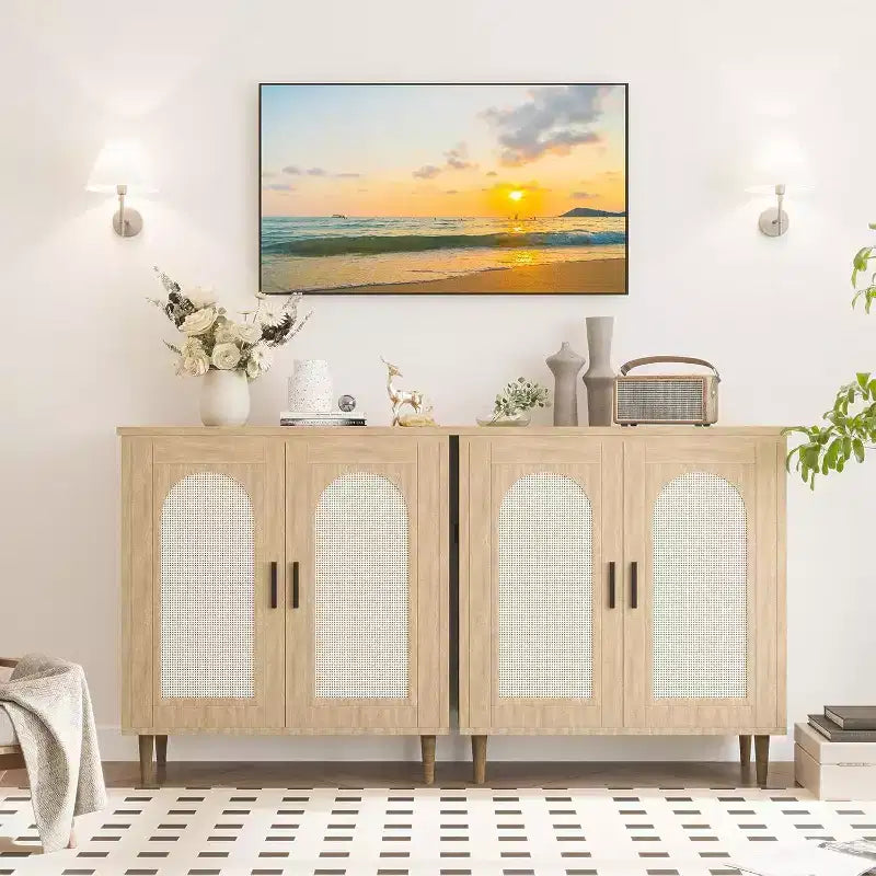 Rattan Buffet Cabinet with Storage, Boho Sideboard Cabinet Featuring 2 Doors and Adjustable Shelves, Wooden Cupboard for Kitchen