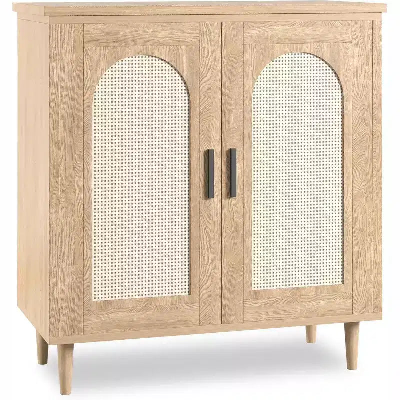 Rattan Buffet Cabinet with Storage, Boho Sideboard Cabinet Featuring 2 Doors and Adjustable Shelves, Wooden Cupboard for Kitchen