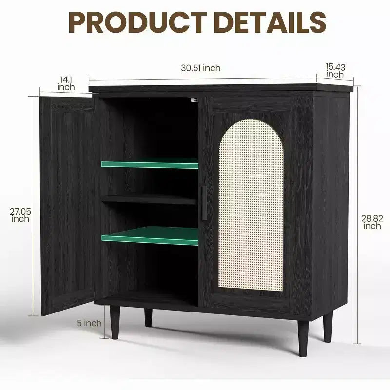 Rattan Buffet Cabinet with Storage, Boho Sideboard Cabinet Featuring 2 Doors and Adjustable Shelves, Wooden Cupboard for Kitchen