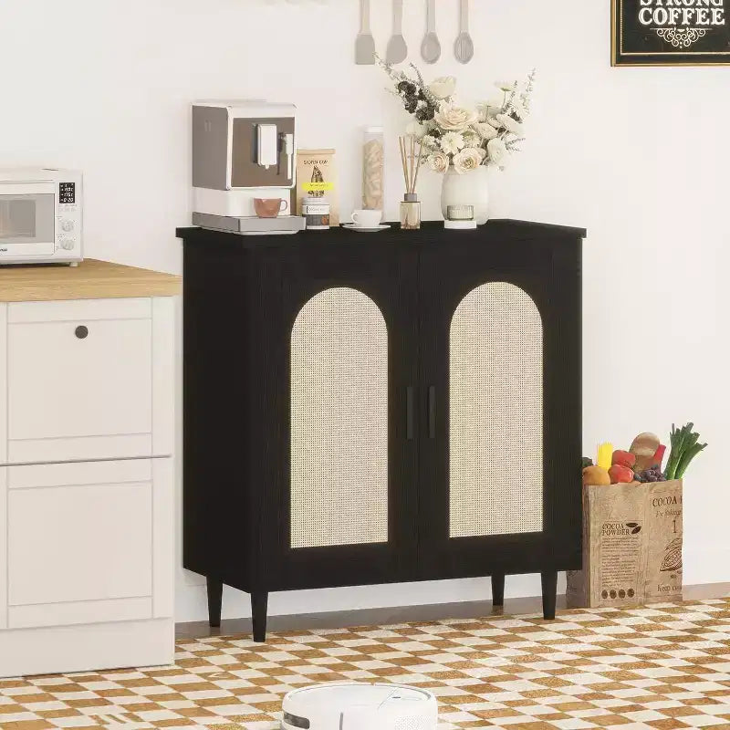 Rattan Buffet Cabinet with Storage, Boho Sideboard Cabinet Featuring 2 Doors and Adjustable Shelves, Wooden Cupboard for Kitchen