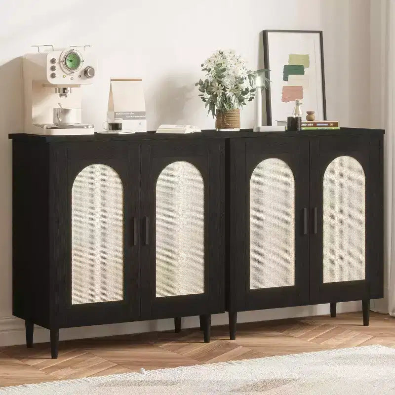Rattan Buffet Cabinet with Storage, Boho Sideboard Cabinet Featuring 2 Doors and Adjustable Shelves, Wooden Cupboard for Kitchen