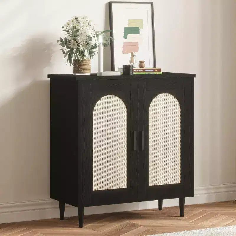 Rattan Buffet Cabinet with Storage, Boho Sideboard Cabinet Featuring 2 Doors and Adjustable Shelves, Wooden Cupboard for Kitchen