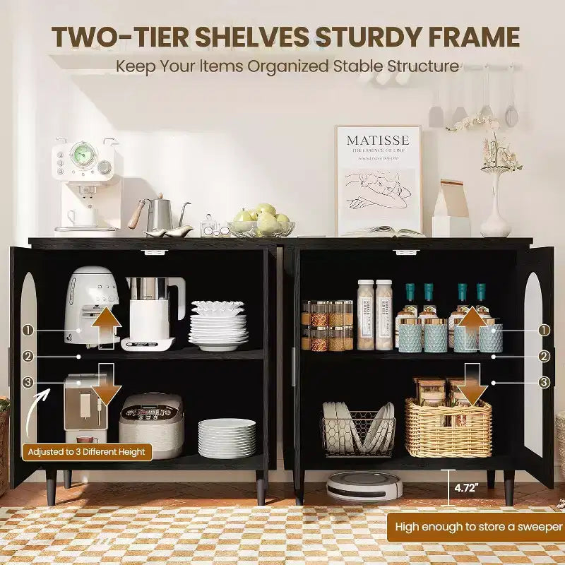 Rattan Buffet Cabinet with Storage, Boho Sideboard Cabinet Featuring 2 Doors and Adjustable Shelves, Wooden Cupboard for Kitchen