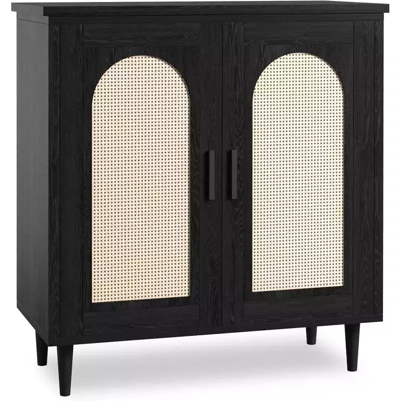 Rattan Buffet Cabinet with Storage, Boho Sideboard Cabinet Featuring 2 Doors and Adjustable Shelves, Wooden Cupboard for Kitchen