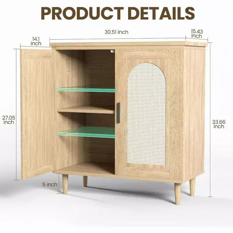 Rattan Buffet Cabinet with Storage, Boho Sideboard Cabinet Featuring 2 Doors and Adjustable Shelves, Wooden Cupboard for Kitchen