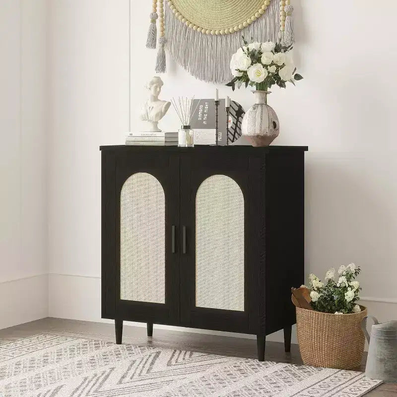 Rattan Buffet Cabinet with Storage, Boho Sideboard Cabinet Featuring 2 Doors and Adjustable Shelves, Wooden Cupboard for Kitchen