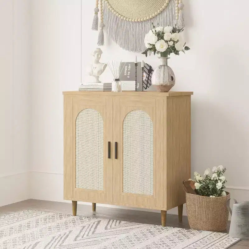 Rattan Buffet Cabinet with Storage, Boho Sideboard Cabinet Featuring 2 Doors and Adjustable Shelves, Wooden Cupboard for Kitchen