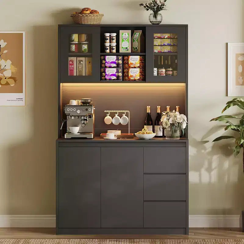71Tall Kitchen Pantry Cabinet,Kitchen Storage Hutch with Led Lights and Power Outlets,Microwave Stand, Glass Door,Adjustable Shelves, Handless Design