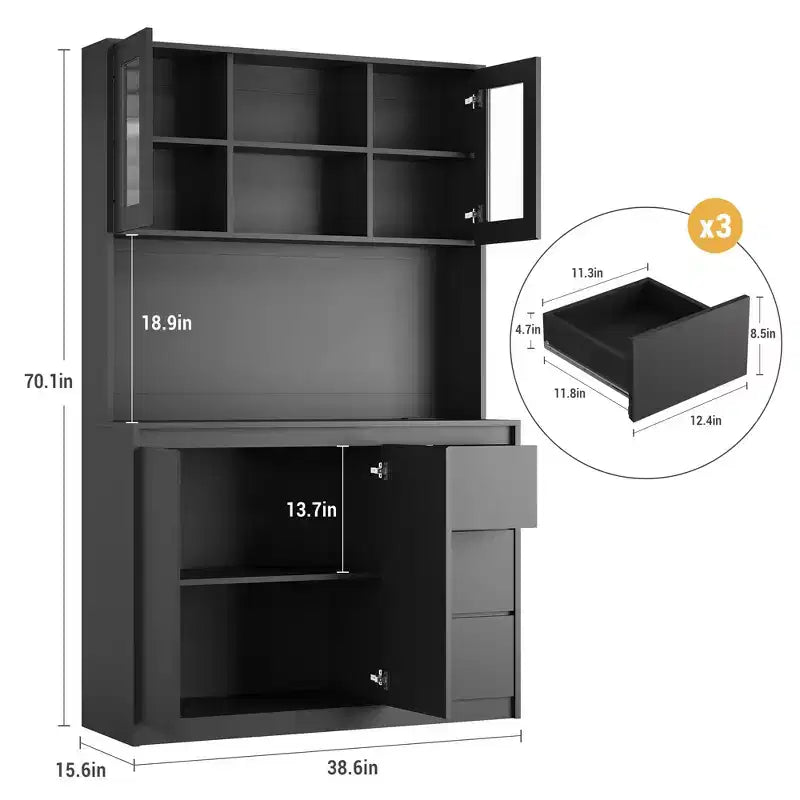 71Tall Kitchen Pantry Cabinet,Kitchen Storage Hutch with Led Lights and Power Outlets,Microwave Stand, Glass Door,Adjustable Shelves, Handless Design