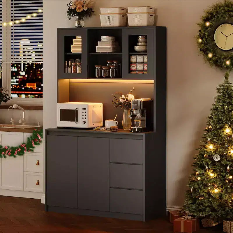 71Tall Kitchen Pantry Cabinet,Kitchen Storage Hutch with Led Lights and Power Outlets,Microwave Stand, Glass Door,Adjustable Shelves, Handless Design