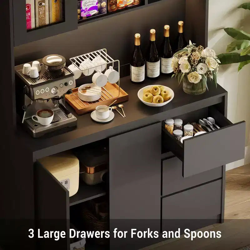 71Tall Kitchen Pantry Cabinet,Kitchen Storage Hutch with Led Lights and Power Outlets,Microwave Stand, Glass Door,Adjustable Shelves, Handless Design
