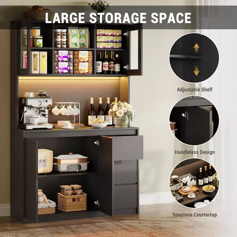 71Tall Kitchen Pantry Cabinet,Kitchen Storage Hutch with Led Lights and Power Outlets,Microwave Stand, Glass Door,Adjustable Shelves, Handless Design