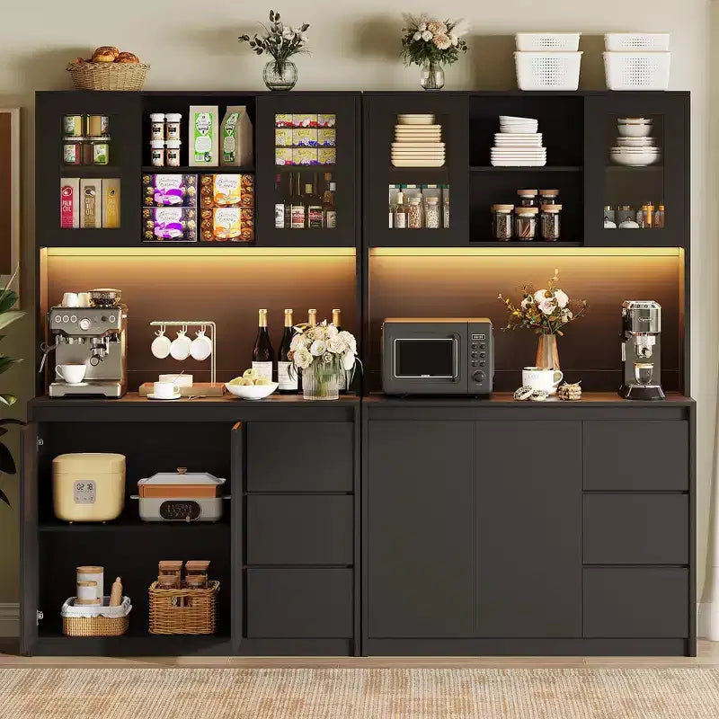 71Tall Kitchen Pantry Cabinet,Kitchen Storage Hutch with Led Lights and Power Outlets,Microwave Stand, Glass Door,Adjustable Shelves, Handless Design