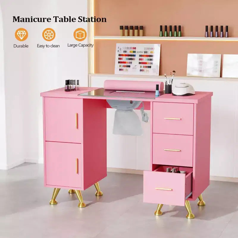 Karlhome 42.5 in. White MDF and Glass 3-Drawer Manicure Table Nail Desk with Cabinet, Electric Dust Collector