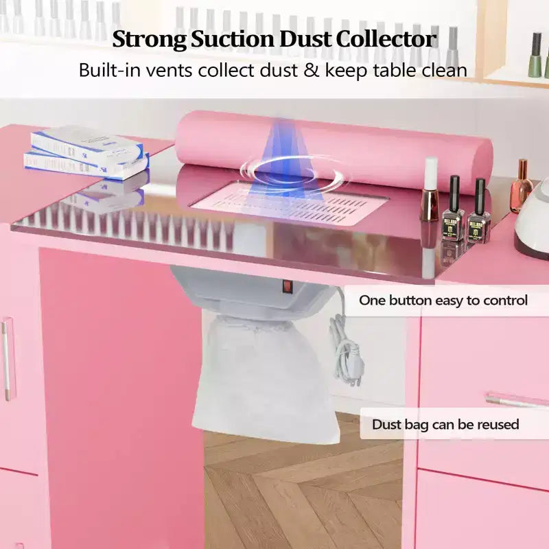 Karlhome 42.5 in. White MDF and Glass 3-Drawer Manicure Table Nail Desk with Cabinet, Electric Dust Collector