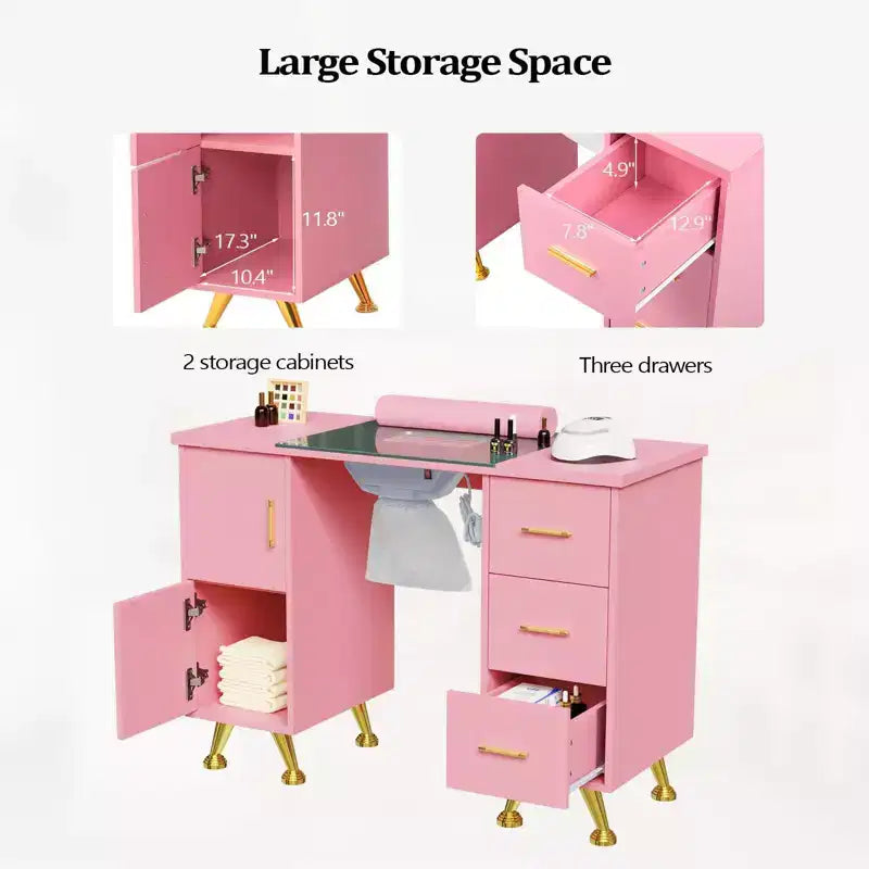 Karlhome 42.5 in. White MDF and Glass 3-Drawer Manicure Table Nail Desk with Cabinet, Electric Dust Collector