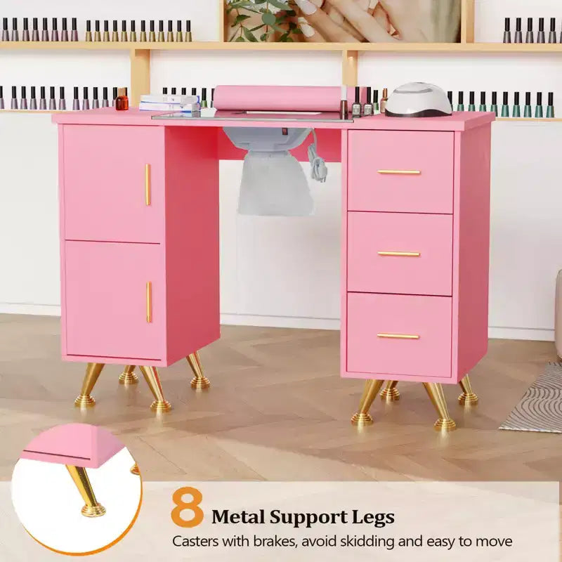 Karlhome 42.5 in. White MDF and Glass 3-Drawer Manicure Table Nail Desk with Cabinet, Electric Dust Collector