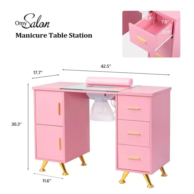 Karlhome 42.5 in. White MDF and Glass 3-Drawer Manicure Table Nail Desk with Cabinet, Electric Dust Collector
