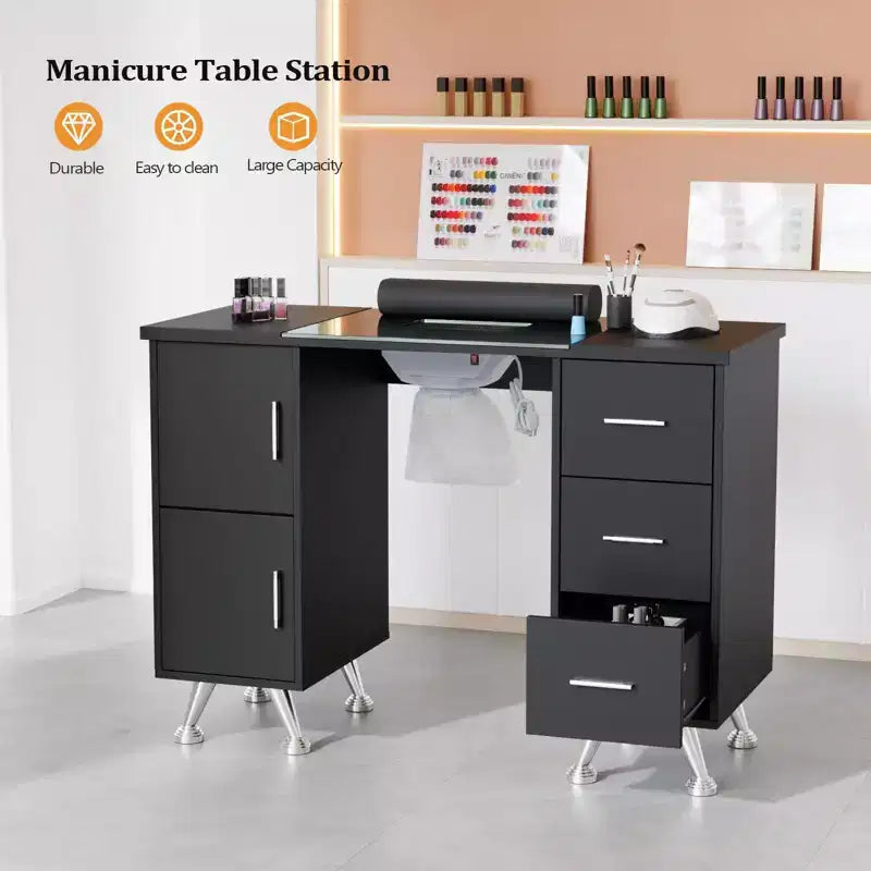 Karlhome 42.5 in. White MDF and Glass 3-Drawer Manicure Table Nail Desk with Cabinet, Electric Dust Collector
