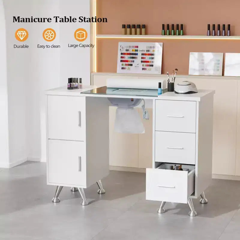 Karlhome 42.5 in. White MDF and Glass 3-Drawer Manicure Table Nail Desk with Cabinet, Electric Dust Collector
