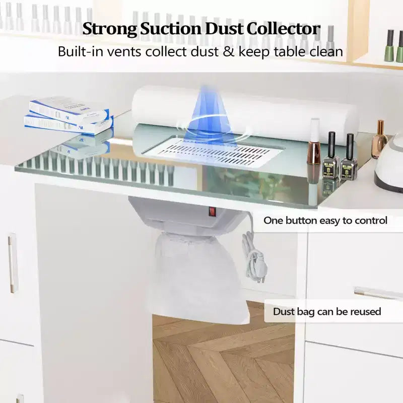Karlhome 42.5 in. White MDF and Glass 3-Drawer Manicure Table Nail Desk with Cabinet, Electric Dust Collector