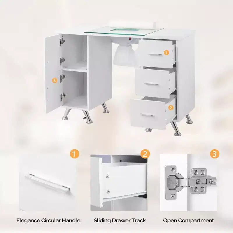 Karlhome 42.5 in. White MDF and Glass 3-Drawer Manicure Table Nail Desk with Cabinet, Electric Dust Collector