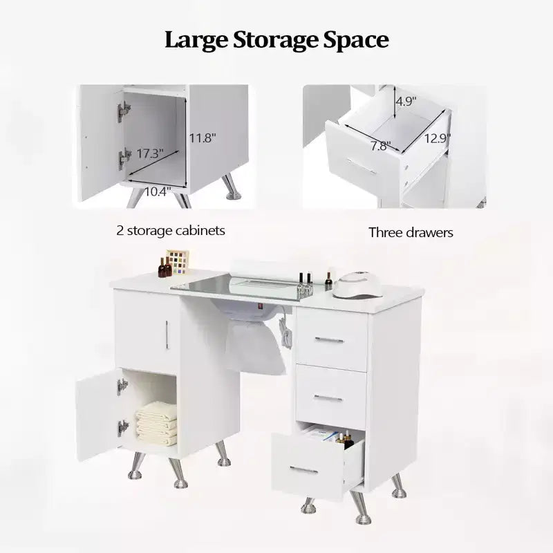 Karlhome 42.5 in. White MDF and Glass 3-Drawer Manicure Table Nail Desk with Cabinet, Electric Dust Collector